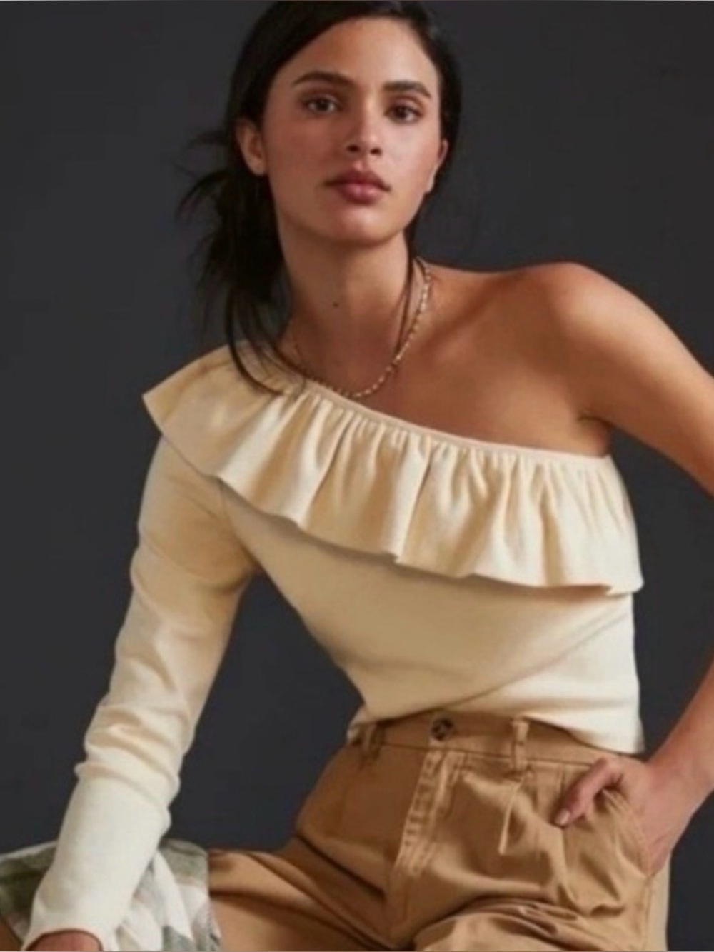 New anthropologie One-Shoulder waffle cotton Ruffle Top in Cream Sz small